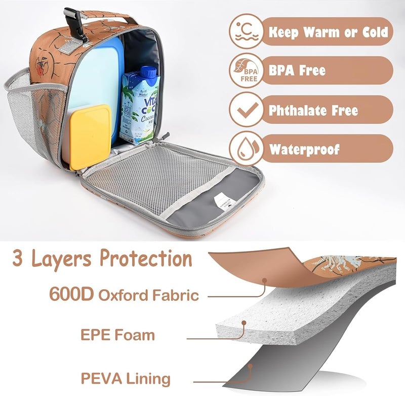 CaCTOUR Lunch Box Kids,Premium Insulated Lunch Bag for Girls Boys,Soft Bag Mini Cooler Back to School Thermal Reusable Lunch Bag for Work School Picnic （Brown Dino - Image 4